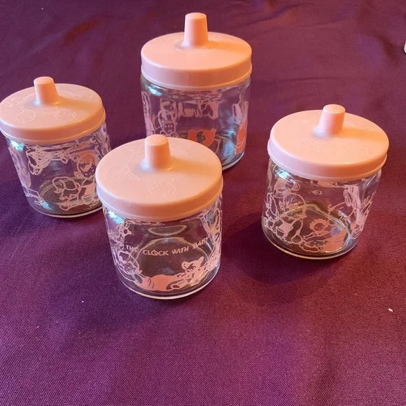 Vintage "Round The Clock With Baby" Glass Jars with Lids - Picture 1 of 8